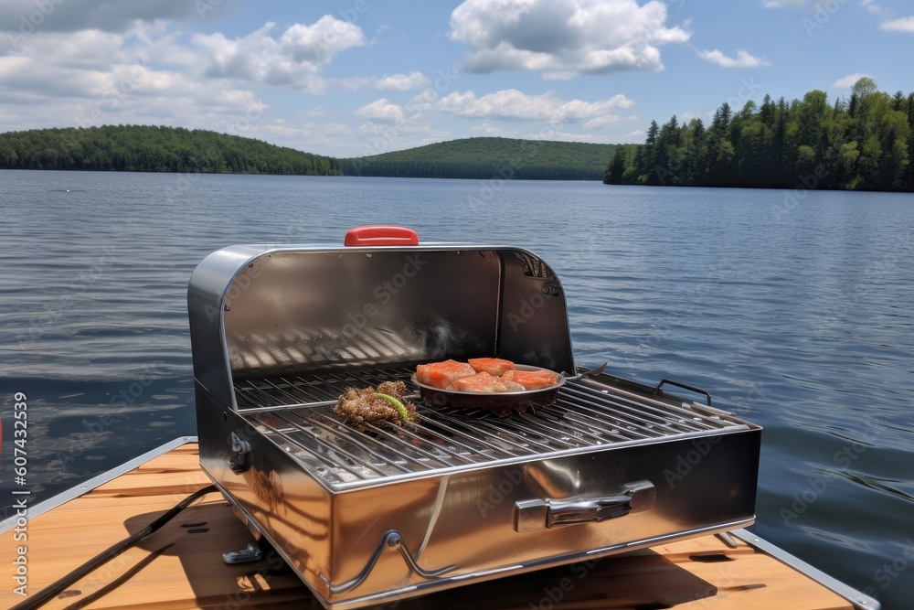 portable grill on boat, with view of tranquil lake, created with generative ai