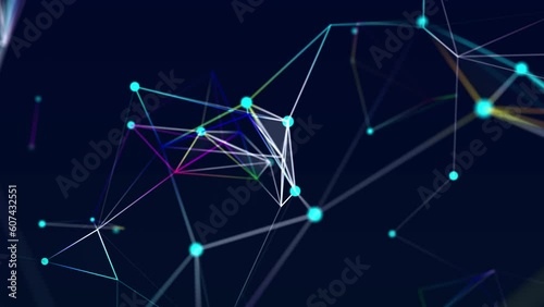 Wave connection of colored lines and dots in space. Abstract digital background of big data transmission algorithms.Network connections.3d rendering. Seamless loop.