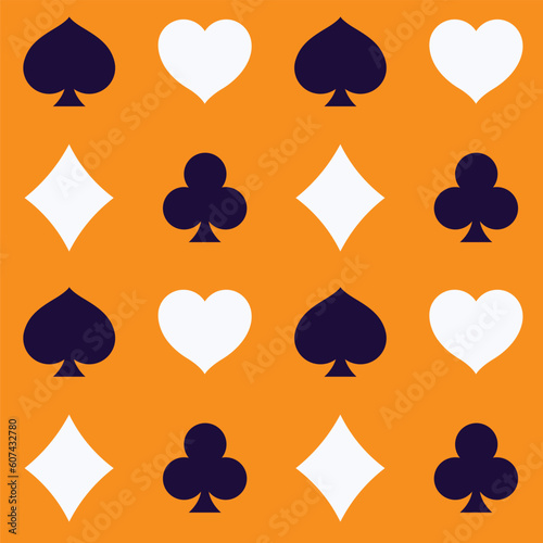 Seamless pattern with playing card suits on an orange background. Vector illustration. 