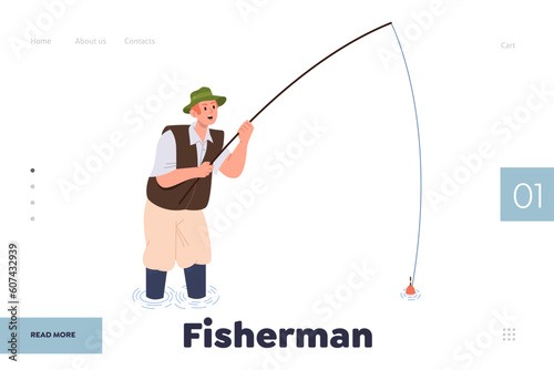 Fisherman landing page template with happy young man catching fish resting and having fun on pond