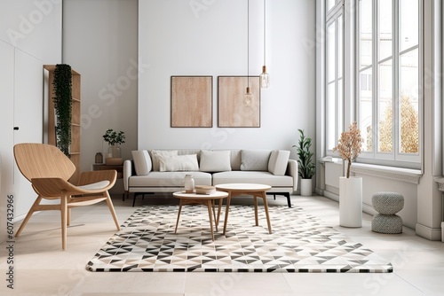 minimalist living room with sleek furniture and geometric patterns  created with generative ai