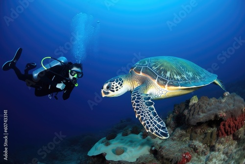 scuba diver catching glimpse of sea turtle underwater, created with generative ai
