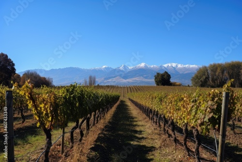 vineyard with mountains and clear blue skies in the background  created with generative ai