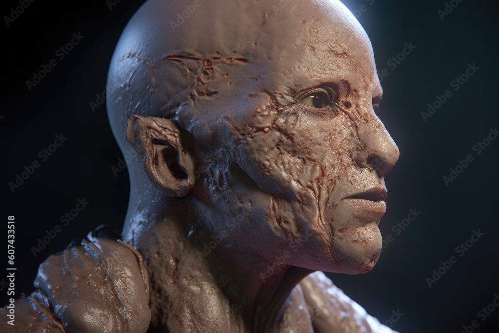 close-up of alien athlete's face, with skin textures and features in full view, created with generative ai