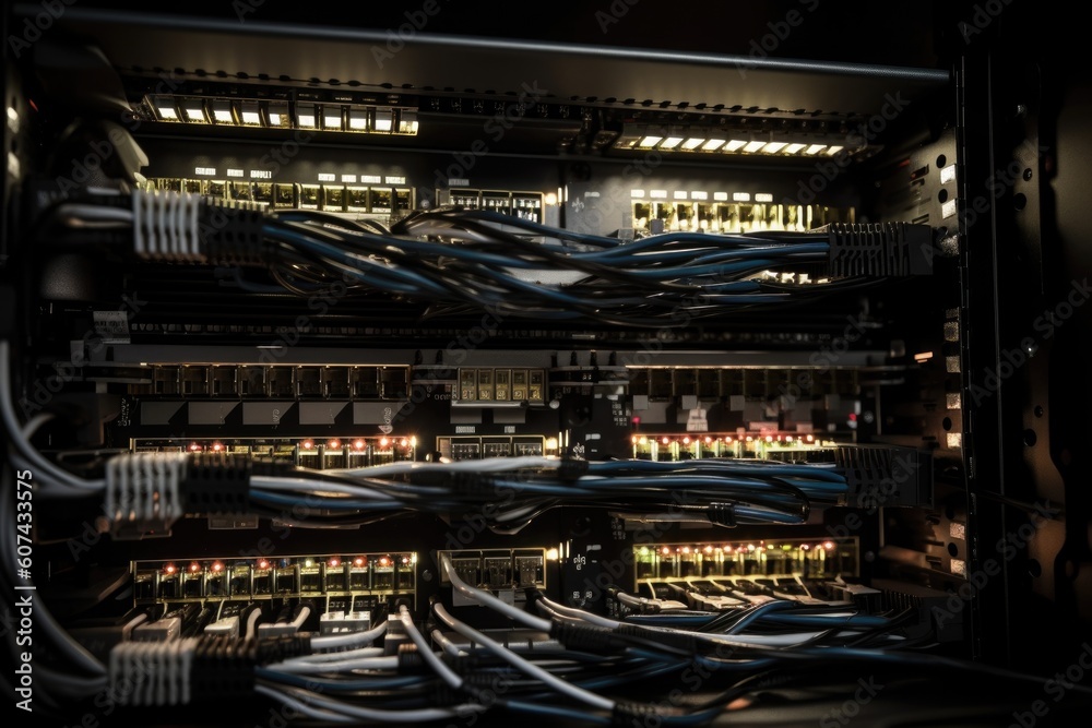 close-up of server rack with blinking lights and cables, created with generative ai