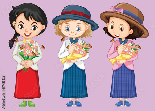 Set of cute multicultural girl characters by the greatest graphics