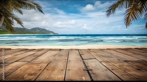 Wooden deck on the tropical beach and palm tree in the summer. Seaside Rustic Table with Beachy Backdrop montage photo for product advertisement display nature background.
