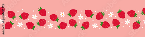 Seamless border of strawberries and flowers. Colorful fruit on pink background.