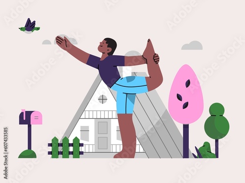 Man doing lord of the dance yoga pose in front of the house

