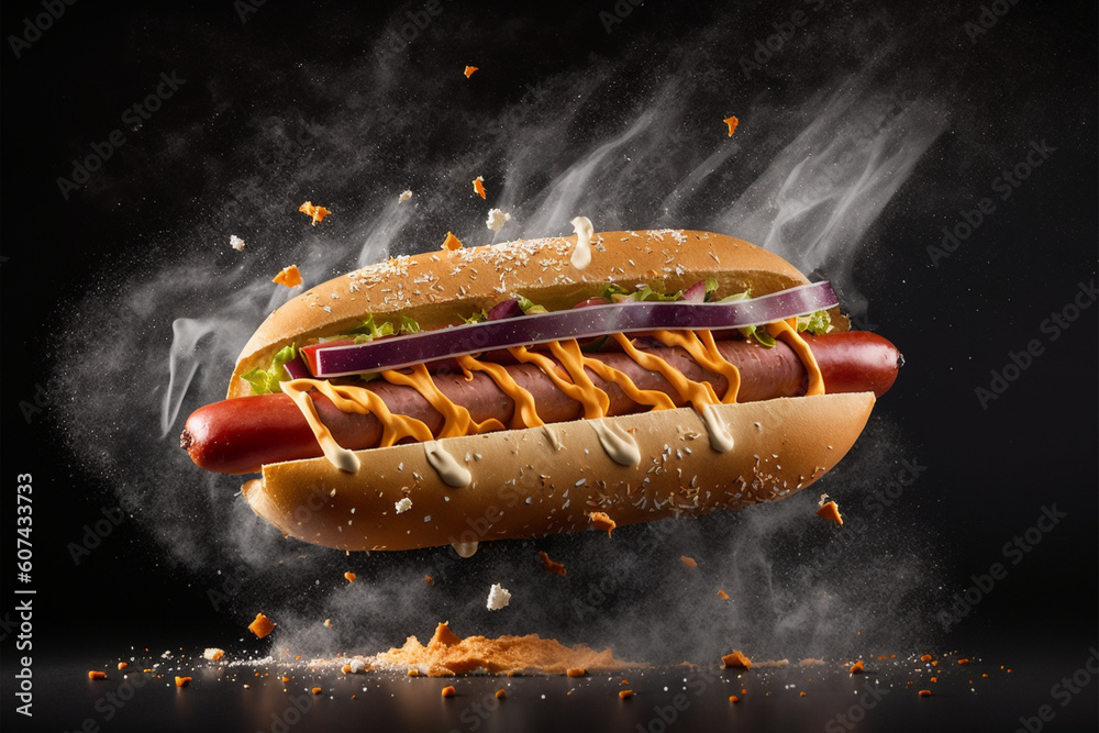 Hot dog with flying ingredients on black background. Fast food concept