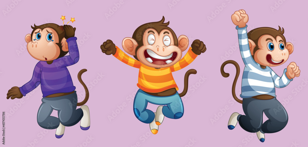 three monkey wear t-shirt in jumping pose isolated by the greatest graphics three monkey wear t-shirt in jumping pose isolated by the greatest graphics