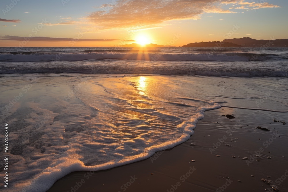 sunrise on the beach, with waves breaking and the sun rising in the sky, created with generative ai sunrise on the beach, with waves breaking and the sun rising in the sky, created with generative ai