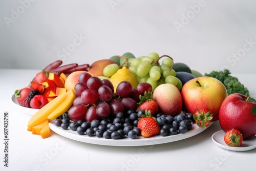 plate of colorful fruits and vegetables  with white plate background  created with generative ai