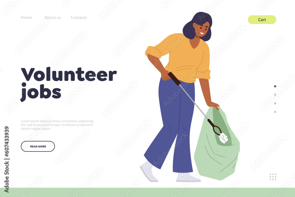 Volunteer job landing page template for online service, website scene with woman cleaning street