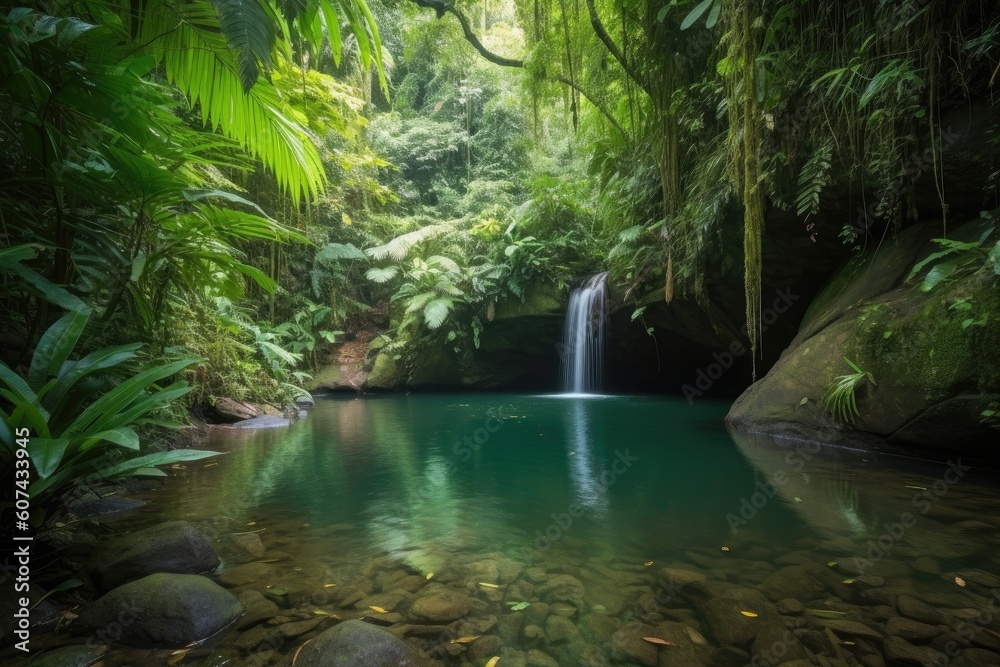 waterfall cascading into tranquil pool in lush jungle, created with generative ai waterfall cascading into tranquil pool in lush jungle, created with generative ai