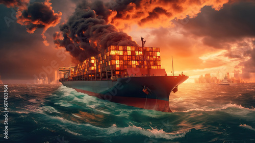 burning freighter in the ocean, ai generated