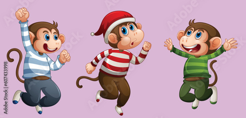three monkey wear t-shirt in jumping pose isolated by the greatest graphics