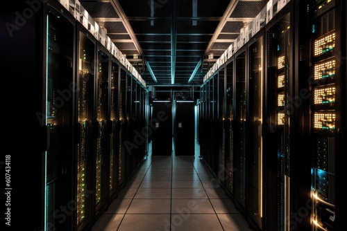 data center with dozens of servers, each one humming and blinking, created with generative ai