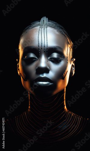 African woman hybrid beauty stands. Embodying minimalism and futurism  her form merges past  present  and yet-to-come. The image  a concept collage  speaks volumes in its simplicity. Generative AI