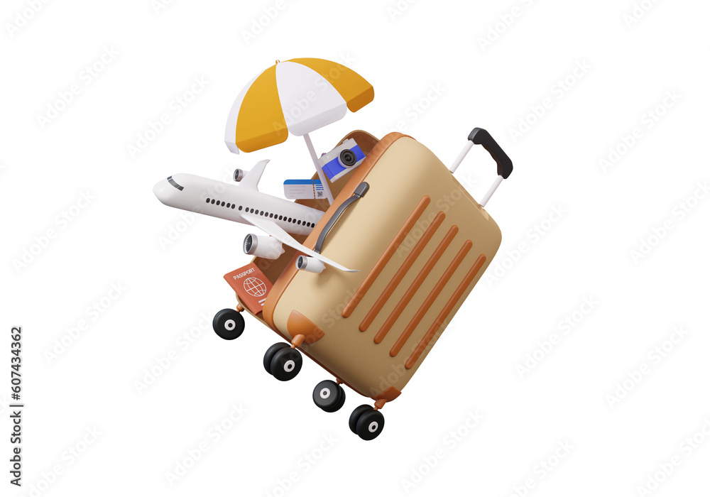 Luggage tourism trip planning world tour with airplane, location on suitcase of travel online, leisure touring holiday summer concept. passsport, recreation, 3d render illustration - obrazy, fototapety, plakaty 