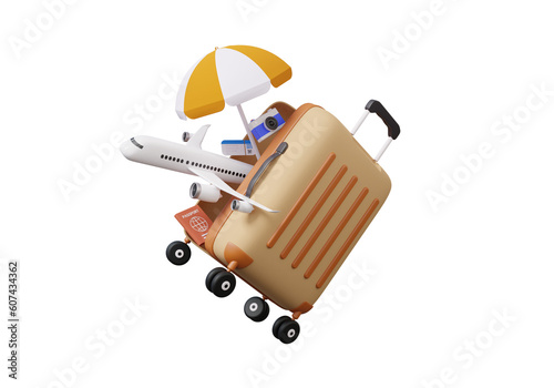 Luggage tourism trip planning world tour with airplane, location on suitcase of travel online, leisure touring holiday summer concept. passsport, recreation, 3d render illustration