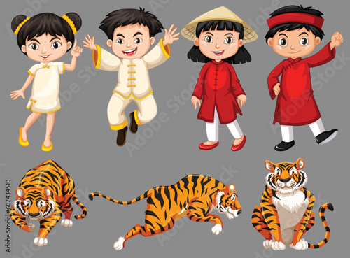 Set of asian kids and tigers vector by the greatest graphics