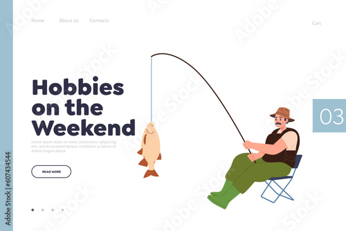 Hobby on weekend landing page design template with adult man character fishing on river bank