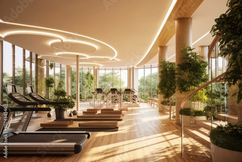 Sustainable and wellness-focused business architecture building with features like ample natural light,green spaces and fitness facilities, prioritizing the well-being and productivity - Generative AI © Hanjin