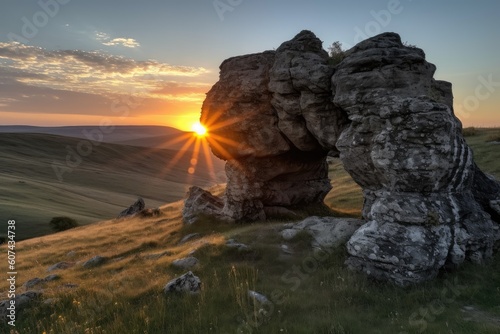 natural rock formation surrounded by rolling hills  with the sun setting in the background  created with generative ai