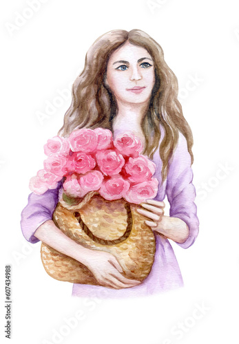 girl with flower bouquet, young woman with rose isolated on white background. Watercolor, illustration photo