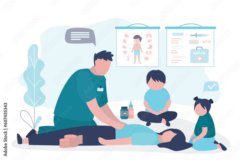 Children on lesson, doctor teaching first aid. Life save and healthcare, concept. Education seminar for kids. Learning medical information and practicing for students.