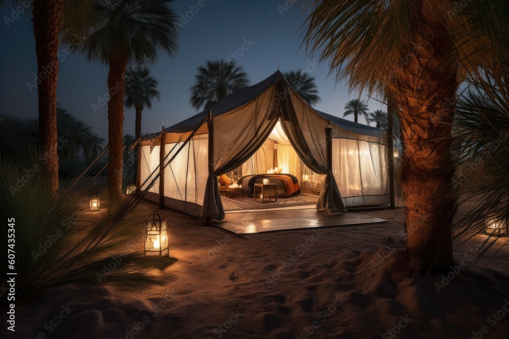 luxury tent, surrounded by desert oasis, with views of the starry night sky, created with generative ai
