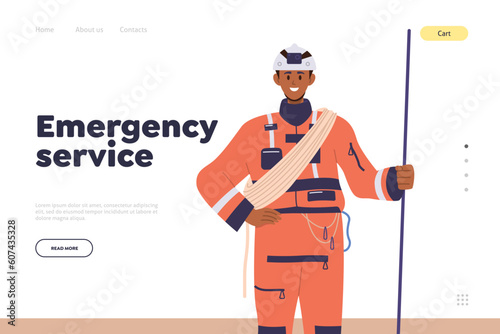 Emergency service online company landing page template with happy network electrician portrait