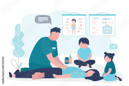 Children on lesson  doctor teaching first aid. Life save and healthcare  concept. Education seminar for kids. Learning medical information and practicing for students.