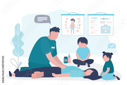 Children on lesson, doctor teaching first aid. Life save and healthcare, concept. Education seminar for kids. Learning medical information and practicing for students.
