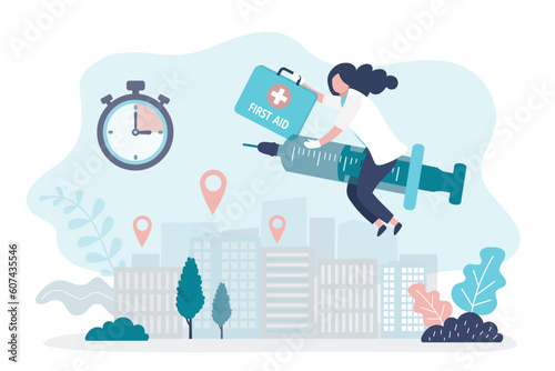 Female doctor flies quickly on syringe and holds bag of medicines. Providing first aid. Emergency care and ambulance. Woman paramedic. Medical treatment.