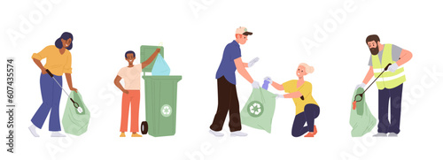 Set of children and adults volunteer people characters cleaning street from trash and nature garbage