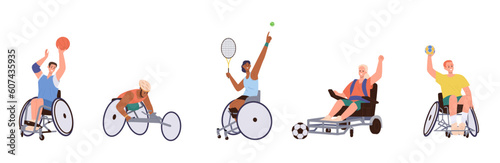 Sports on wheelchairs set with people playing basketball, tennis, football, volleyball and racing