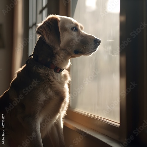 sad golden retriever dog patiently waiting for his master in front of a window