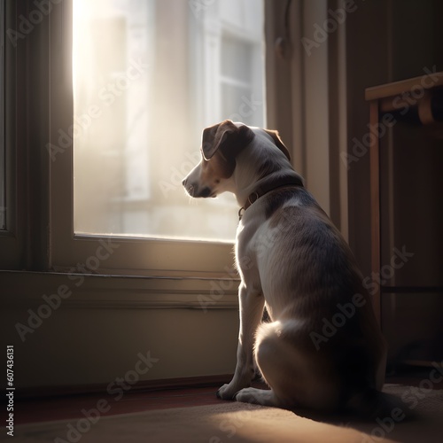 lonely jack russel terrier dog waiting for his owner in front of a window