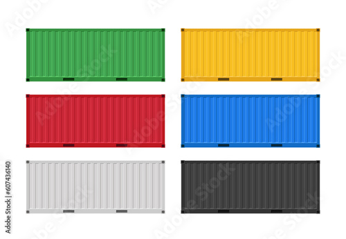Large shipping containers. Set of cargo containers of different colors. Vector illustration. Isolated on a white background.	
