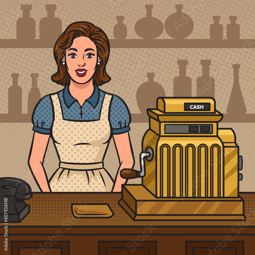 cashier girl at the counter of the store pinup pop art retro vector illustration. Comic book style imitation.