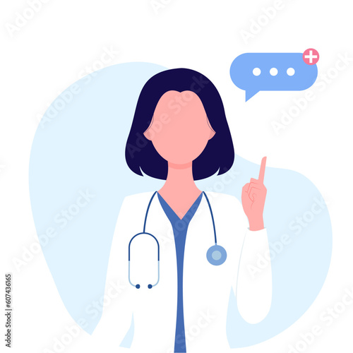 Doctor therapist or pharmacist with short hair shows an idea with a finger or warns. Concept - doctor, healthcare. Vector illustration in flat cartoon style.