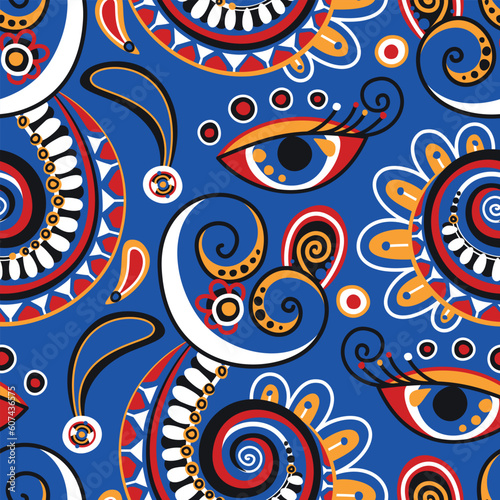 Folkloric Seamless Pattern with   Indian Paisley Swirl, Nature Inspired Design Element. Ornate Abstract Floral Pattern. Endless Texture for Fabric, Wallpaper etc. Vector Illustration