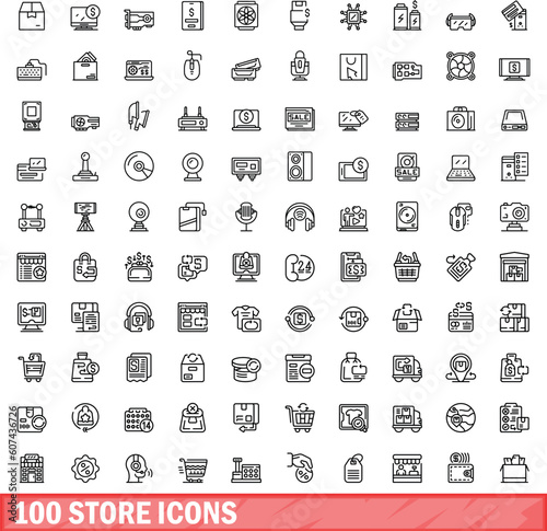 100 store icons set. Outline illustration of 100 store icons vector set isolated on white background