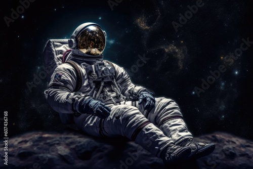 Astronaut sitting on rock in space
