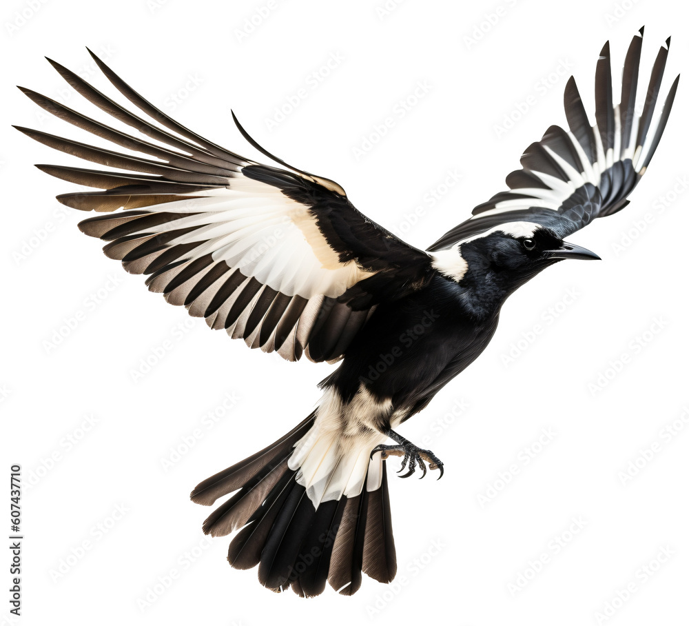 Fototapeta premium Flying magpie, raven, crow bird on the transparent background PNG. AI generative