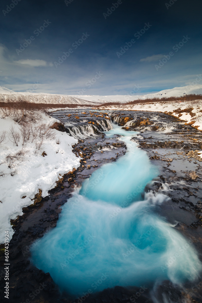 Bruarfoss waterfall and its surroundings captured on a winter afternoon in Iceland. Bruarfoss waterfall and its surroundings captured on a winter afternoon in Iceland.