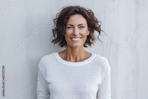 Smiling brunette woman in a white top. Generative AI.