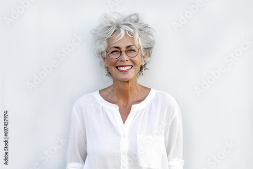 60 year old woman with glasses in front of a white wall. Generative AI.